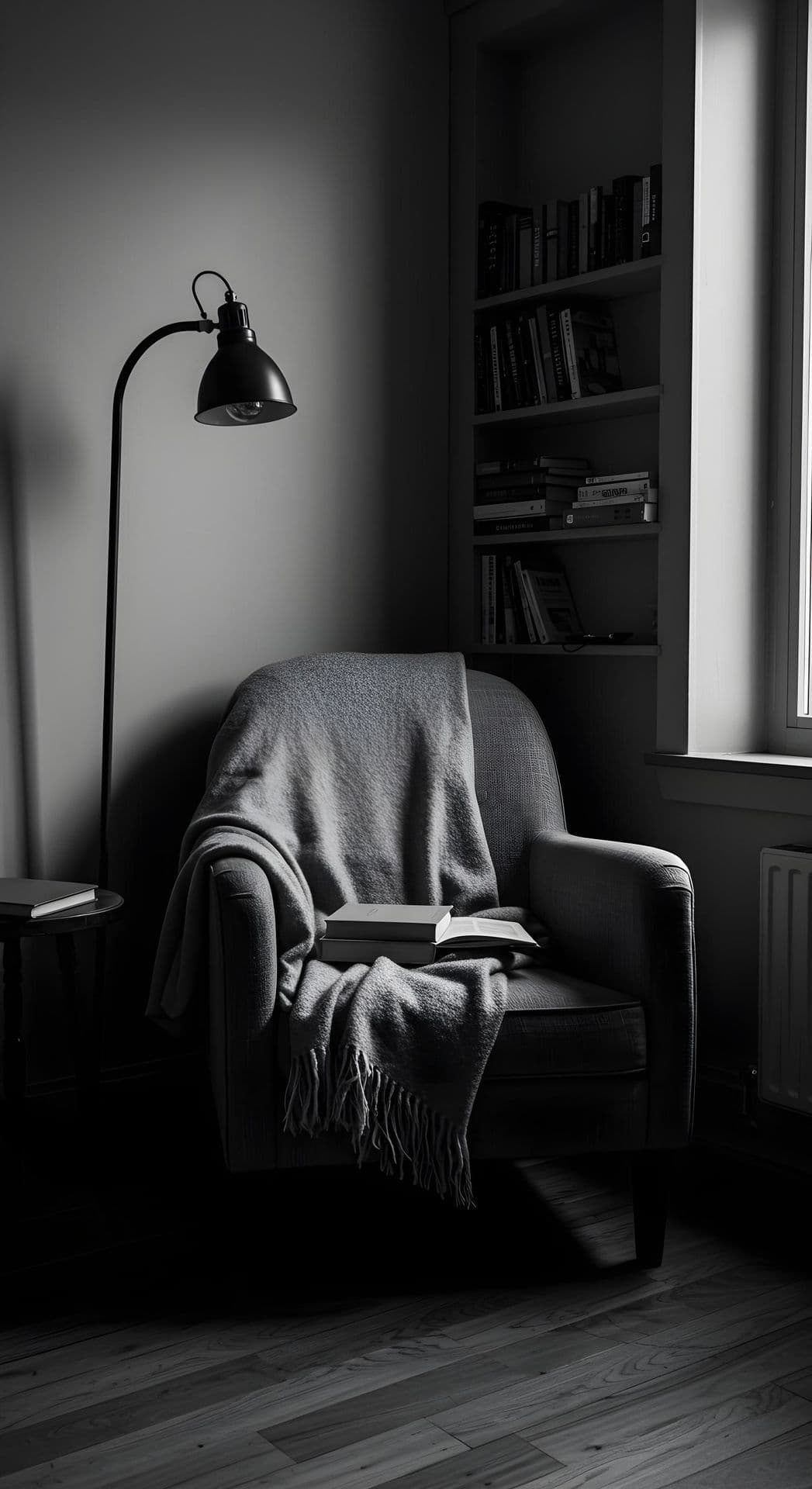 A reading nook with an armchair, blanket, book, lamp, bookshelf, and window.