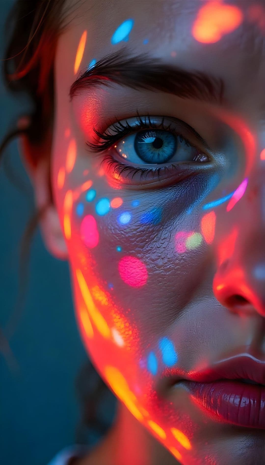 Close-up of a face with neon lights, focusing on a vivid blue iris surrounded by colorful patterns.