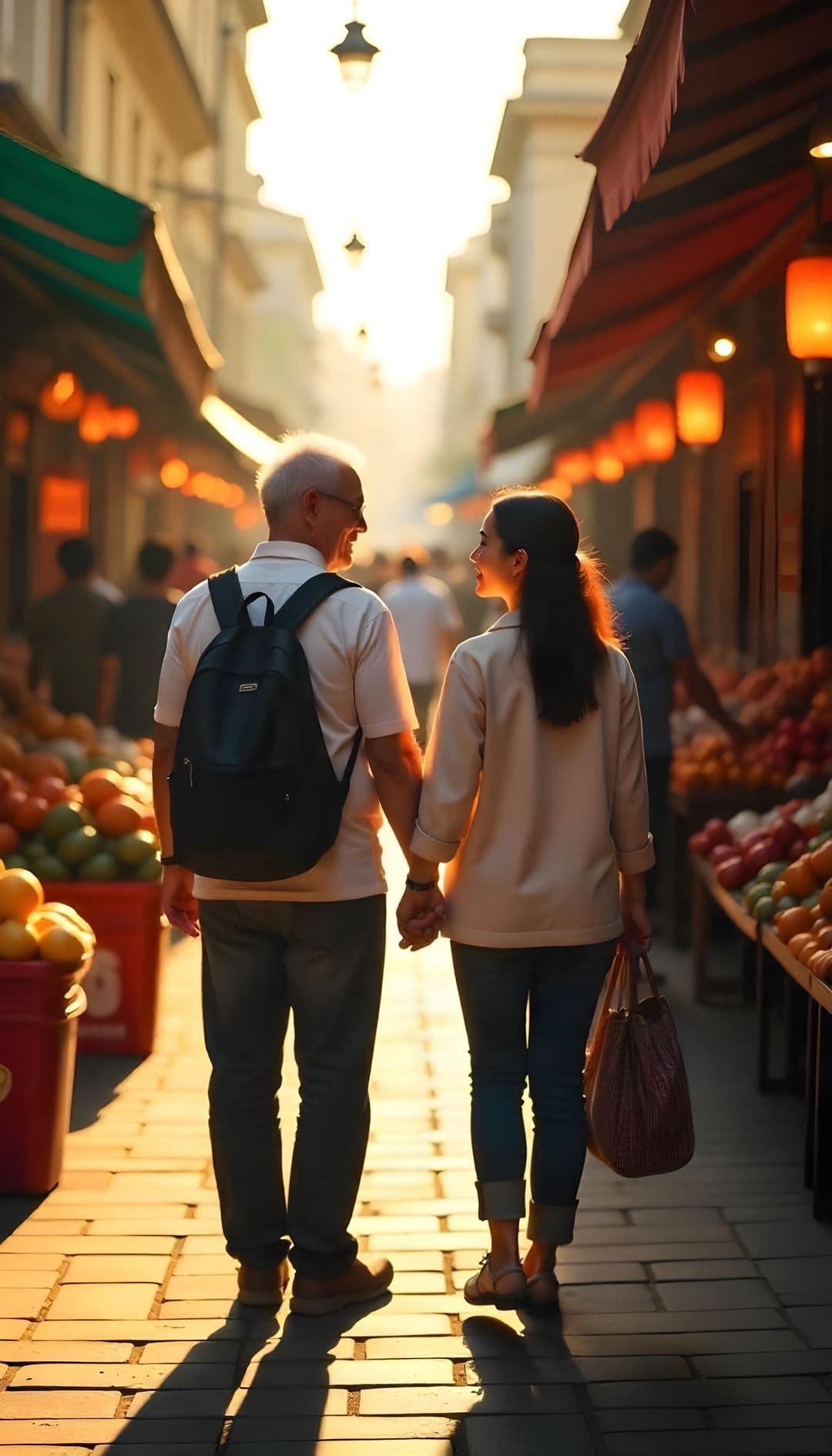 Two people walking in a sunlit street market with fruit stalls.
