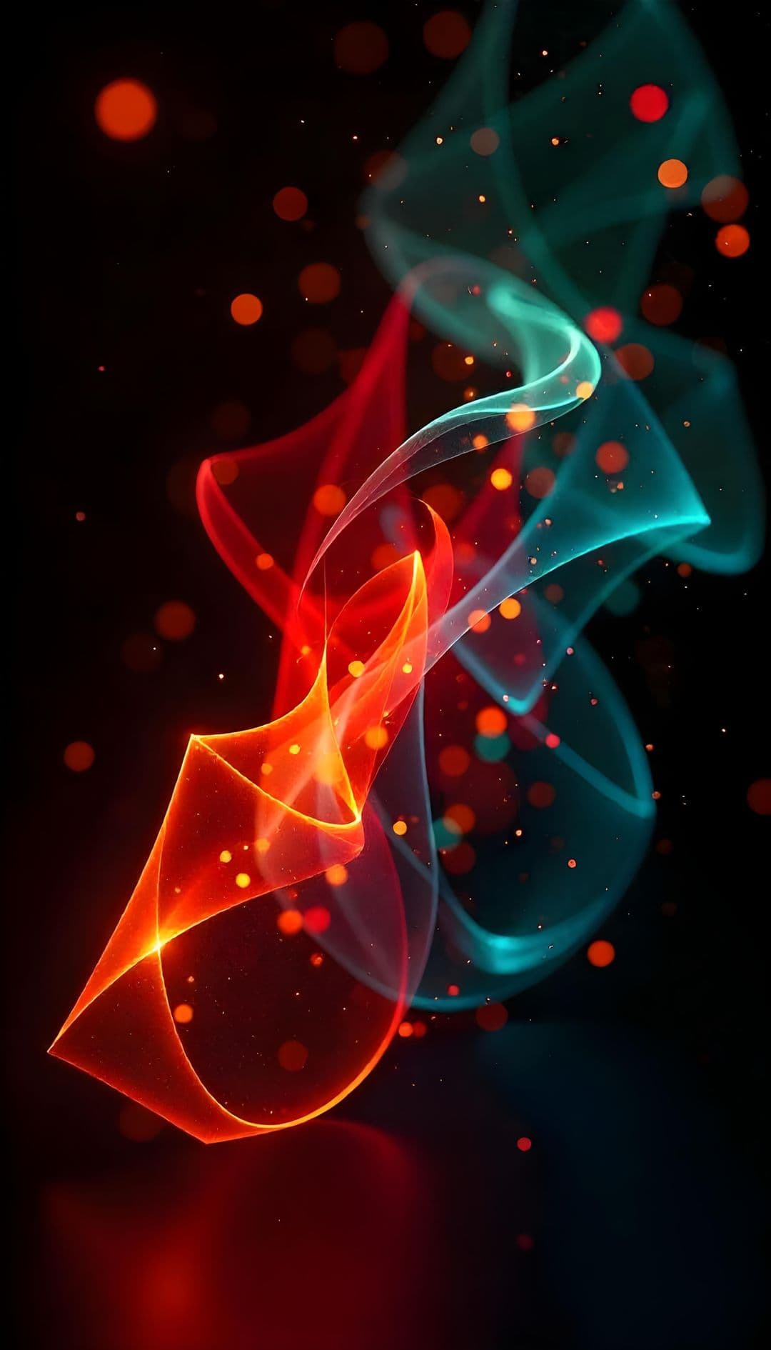 Abstract digital art with swirling luminous ribbons of red and blue, and bokeh lights