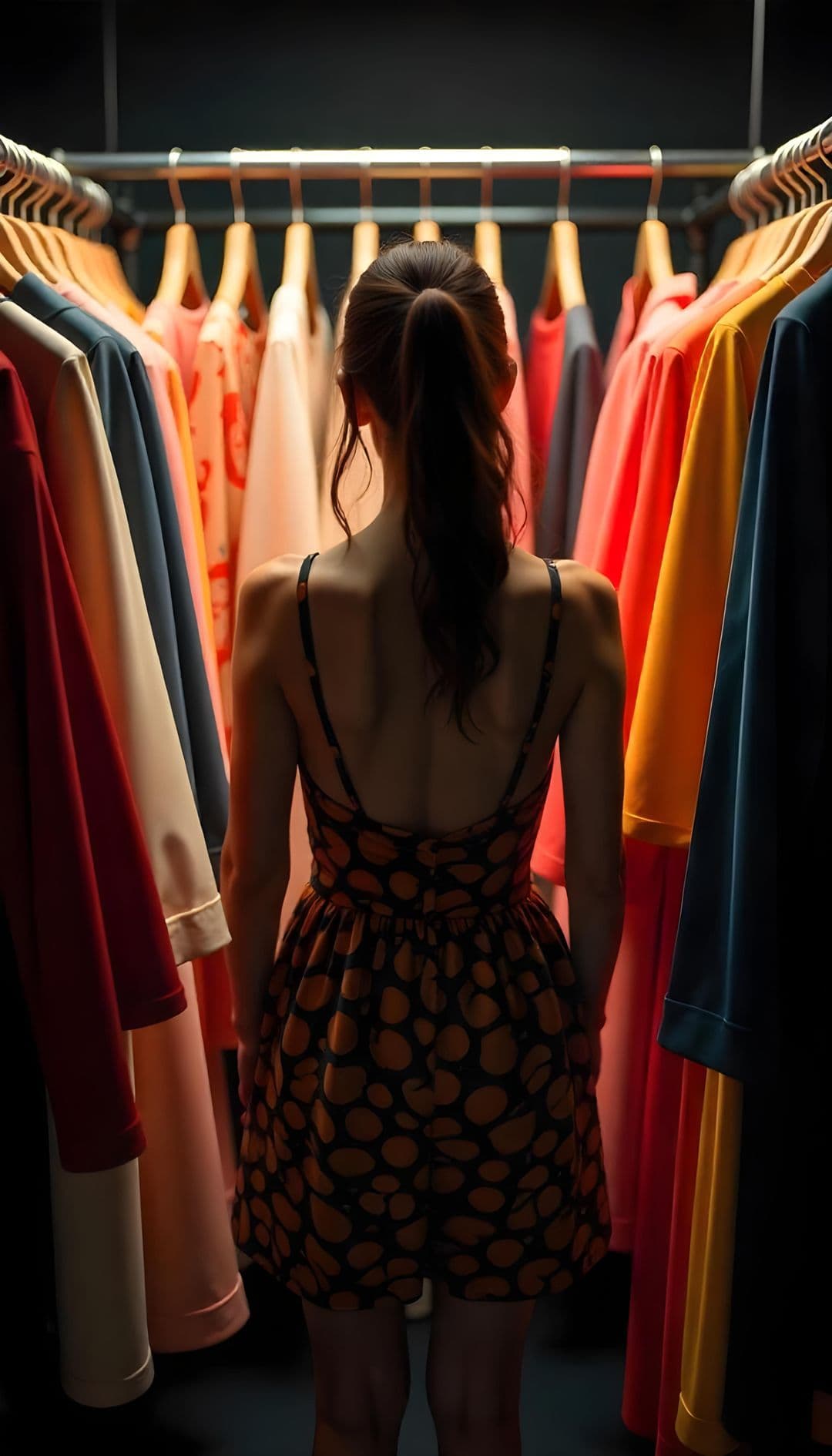 Woman in a dimly lit closet surrounded by colorful clothes, wearing a patterned dress.