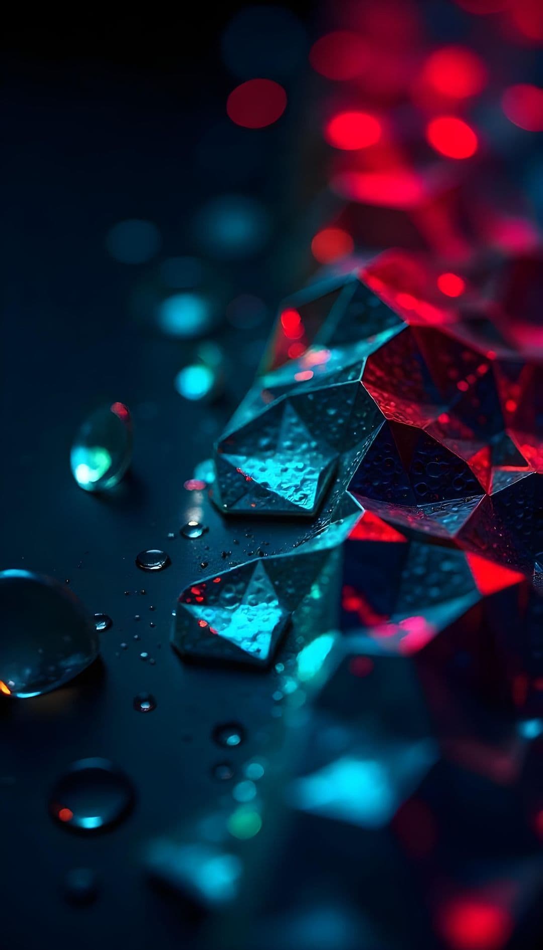 Futuristic scene with geometric shapes, neon red and teal lights, reflective surface.