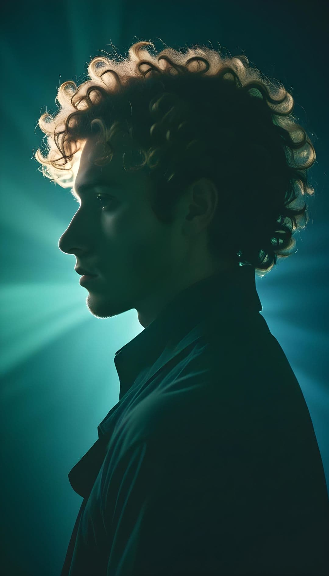 Silhouette of a young man with curly hair, backlit with teal and emerald background