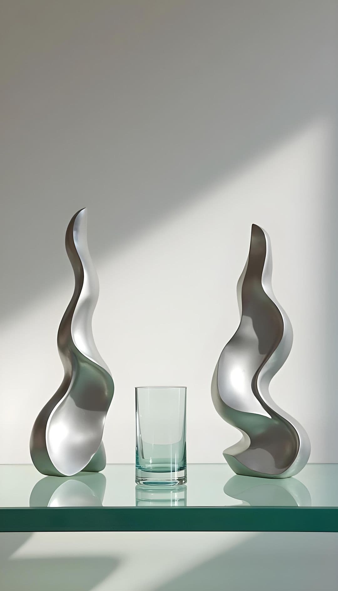 Two silver sculptures and a glass on a minimalist surface