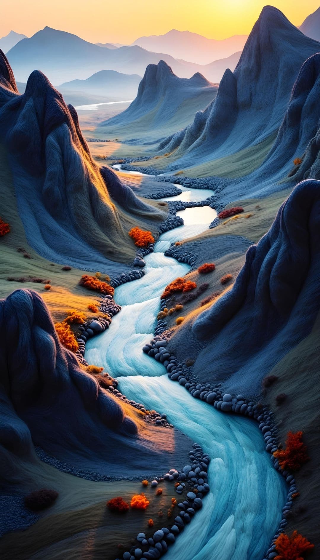 Mountain landscape at sunset with blue and gray tones, a turquoise river, and orange foliage.