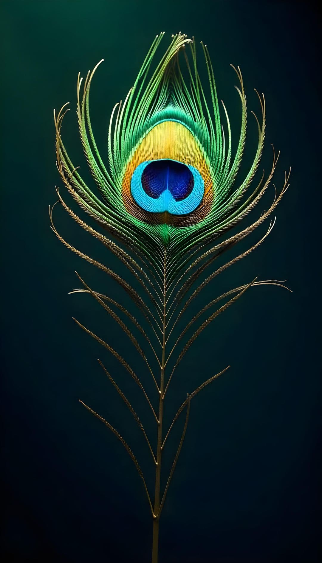 A vibrant peacock feather against a dark teal background