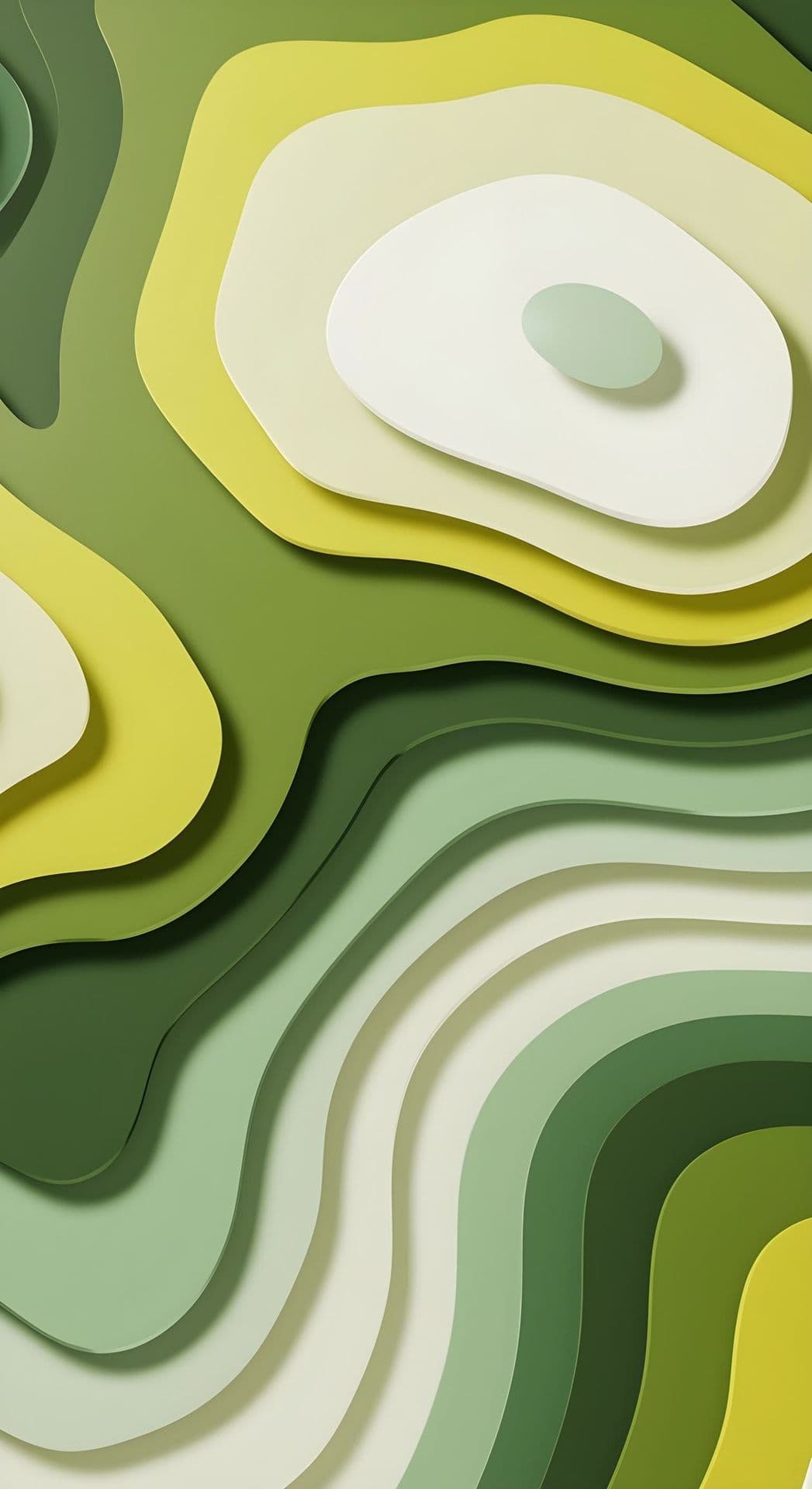 Abstract layers with green, olive, cream shades, map-like with smooth curves.
