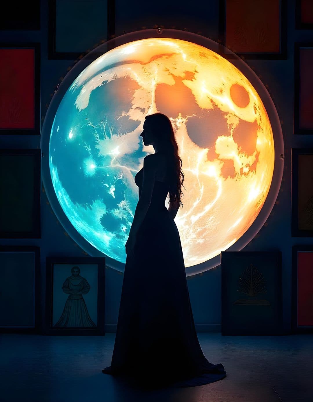Silhouette of a woman against a glowing moon backdrop with geometric frames.
