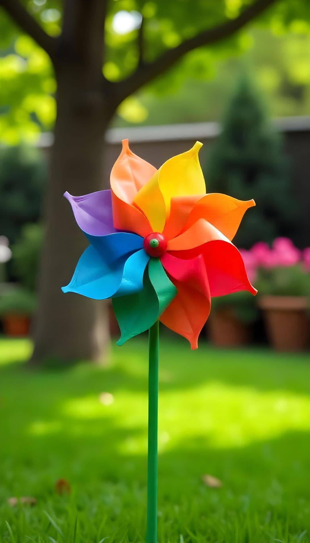 Multicolored pinwheel in a garden with sunlight and lush greenery