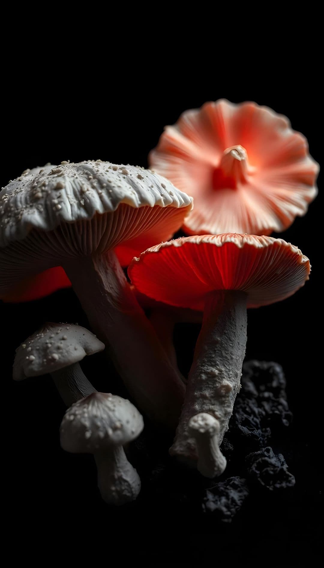 Cluster of coral and white mushrooms on dark background