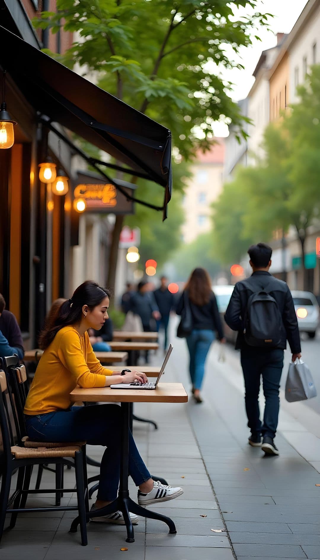 Woman in yellow sweater typing on laptop at cafe with urban street background.