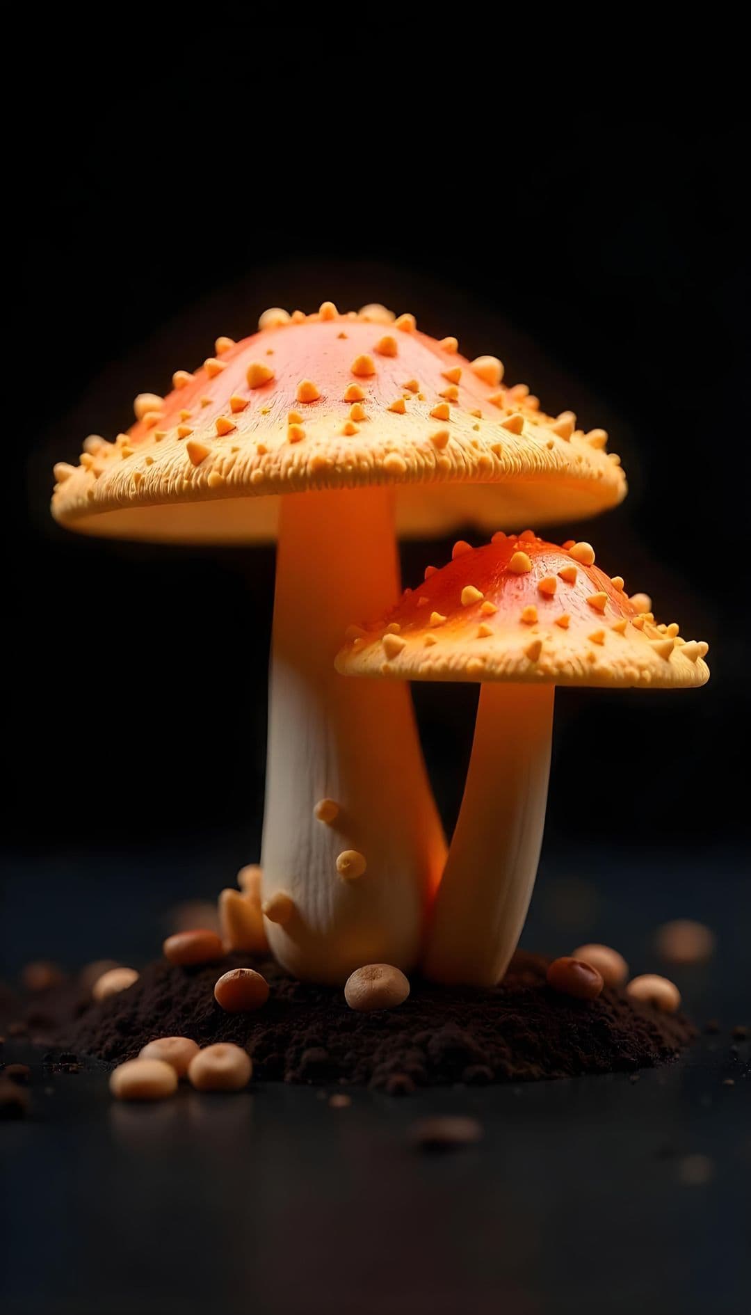 Two vibrant orange and yellow mushrooms on dark soil, black background.
