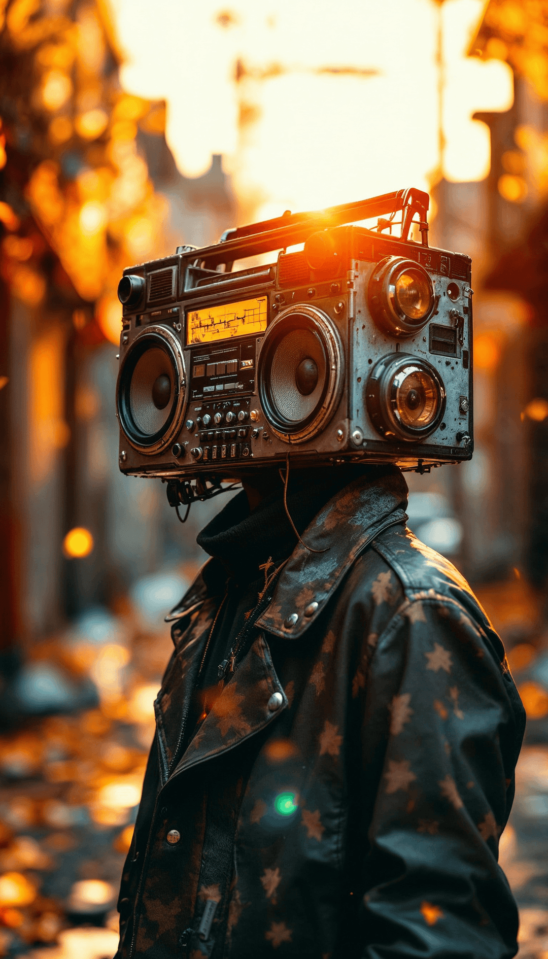 Figure with boombox head in sunset-lit urban alley.