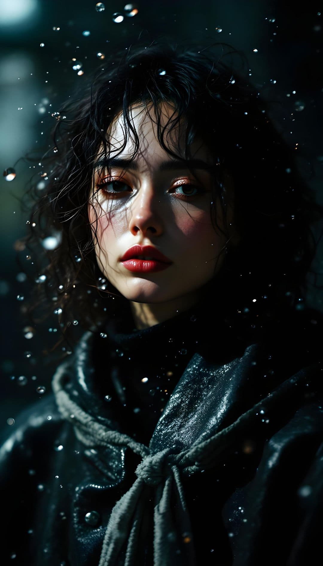 Portrait of a person with dark curly hair, wearing a jacket and scarf, set against a bokeh background.