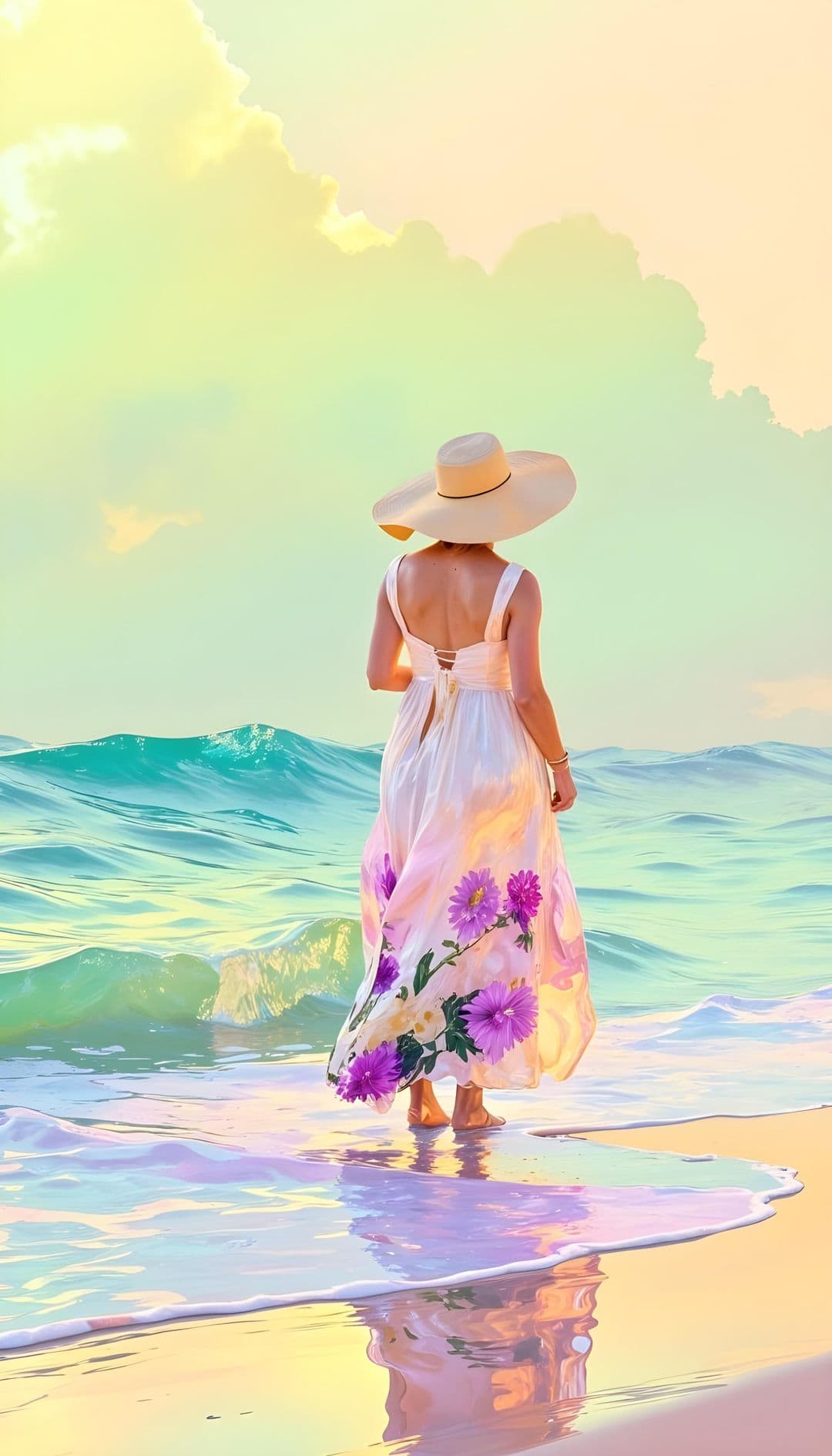 Woman in sundress on beach at sunset