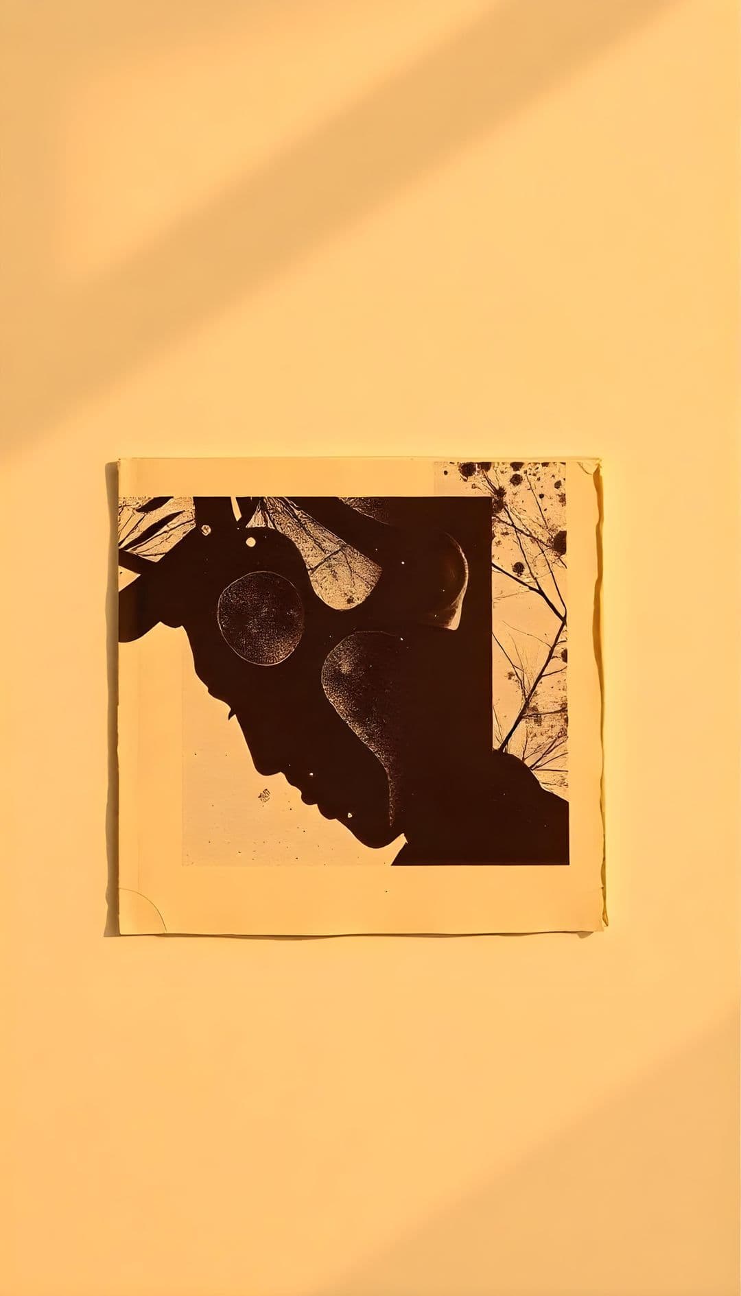 Minimalist abstract collage with a black silhouette and geometric circles on a cream background.