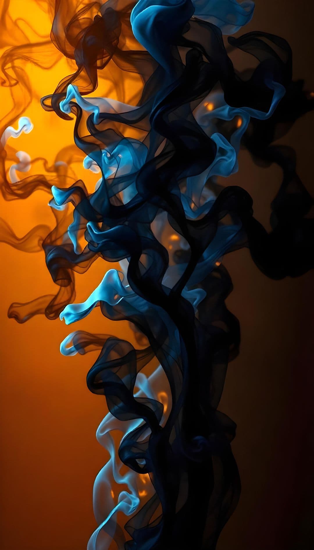 Black and blue smoke swirling on a vibrant orange background, creating a dynamic and mysterious atmosphere.