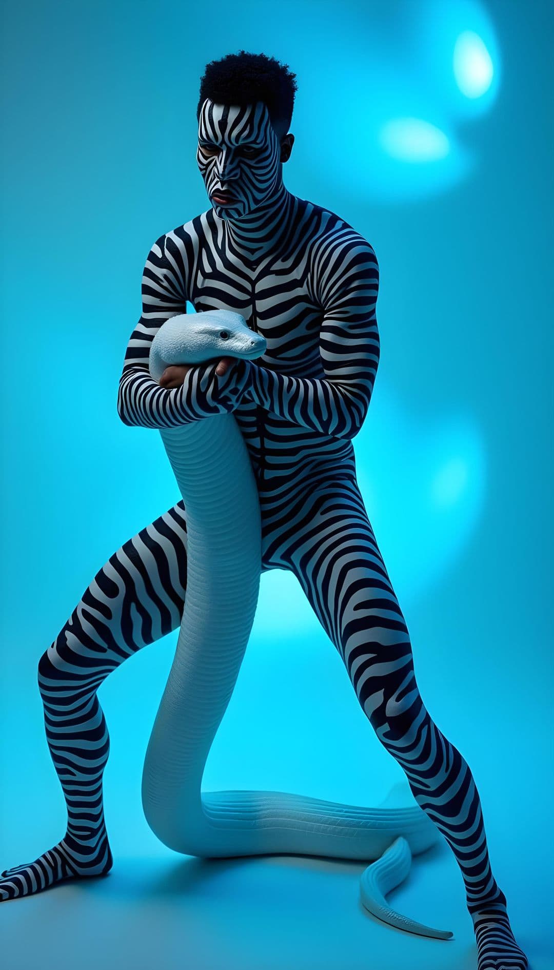 Person in zebra-patterned costume with white snake against a blue backdrop.