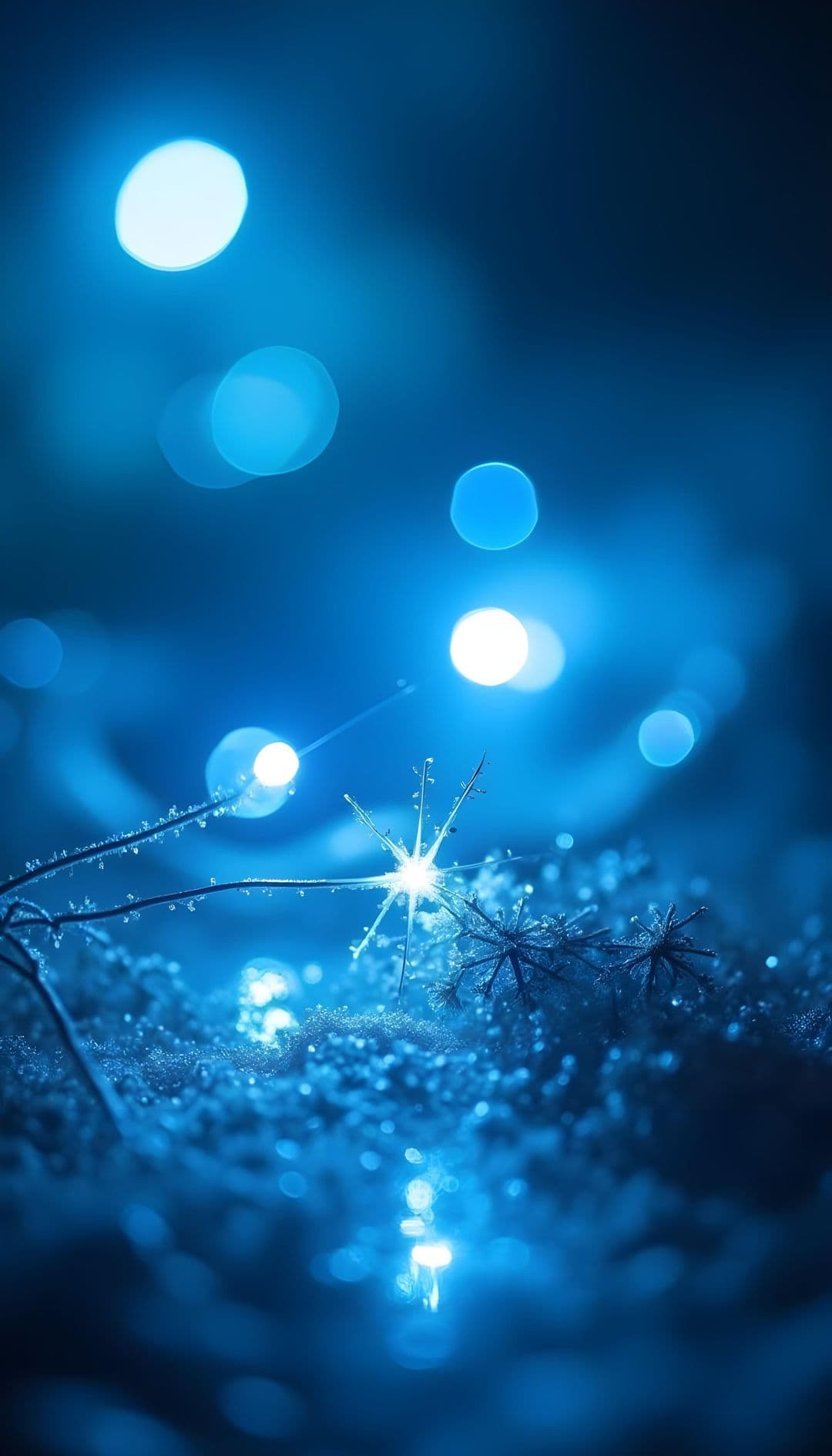 Close-up of dandelion seeds with dewdrops against blurred blue bokeh.
