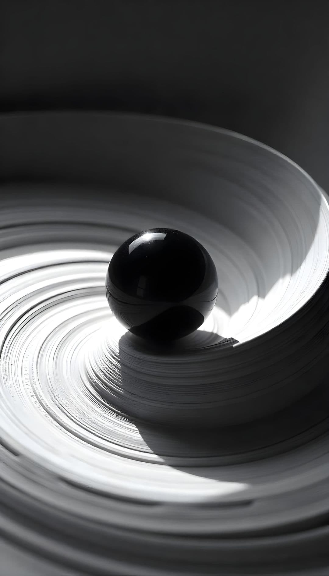 Glossy black sphere on spiraled paper-like layers.