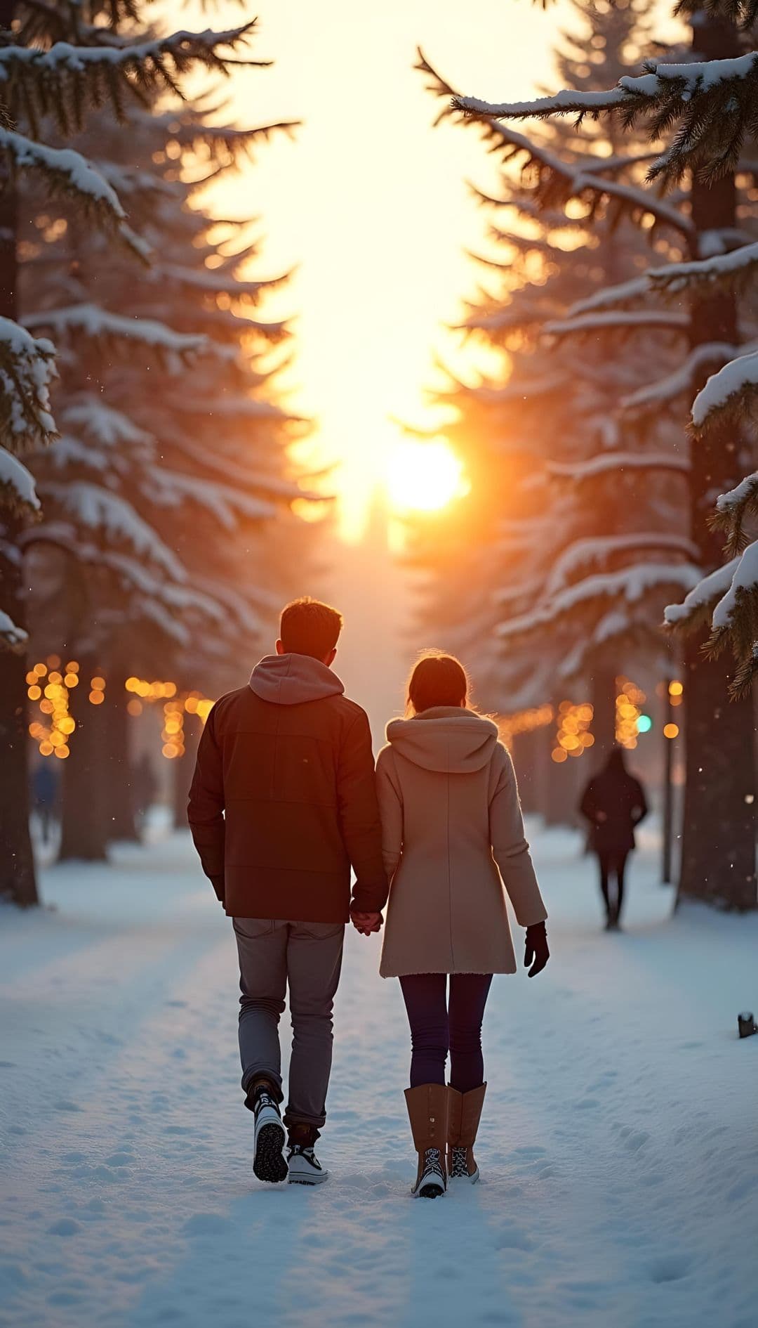 Couple walking on a snow-covered path lined with pine trees in a winter setting sun.