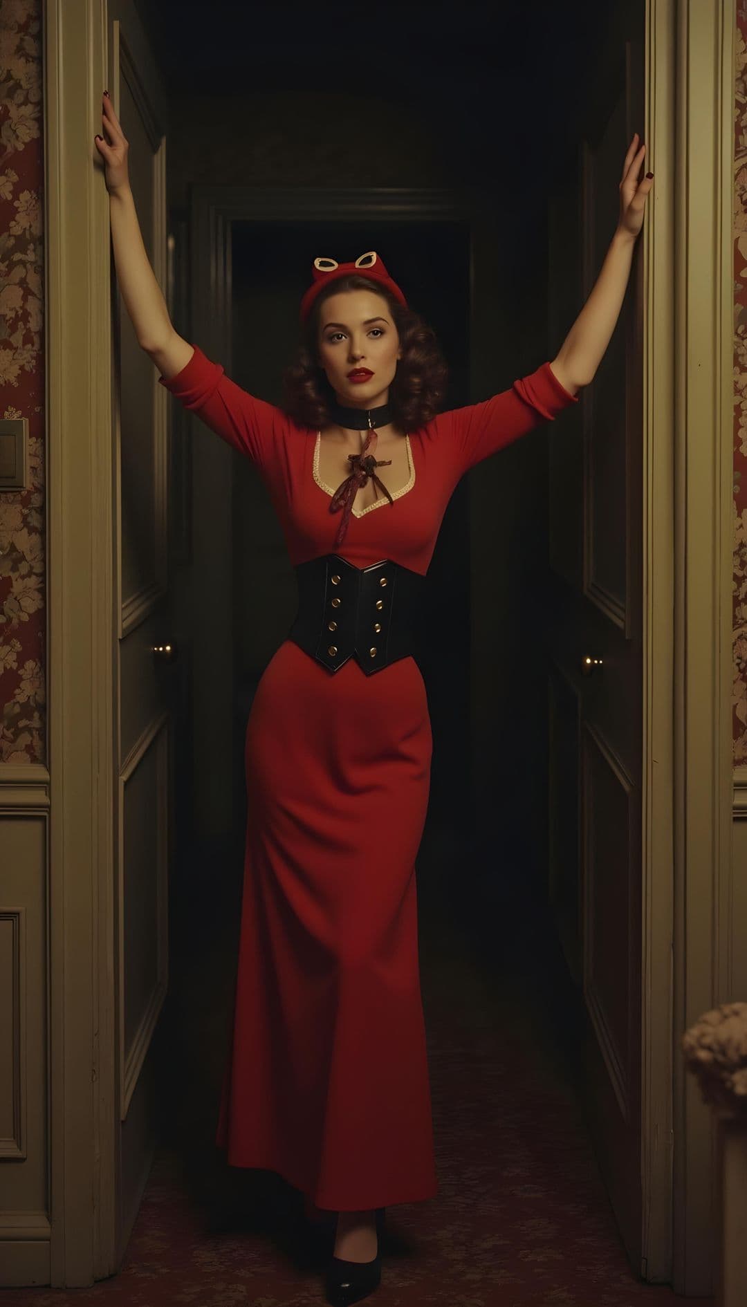 A woman in a red vintage dress with a corset belt stands in a dim hallway with floral wallpaper.