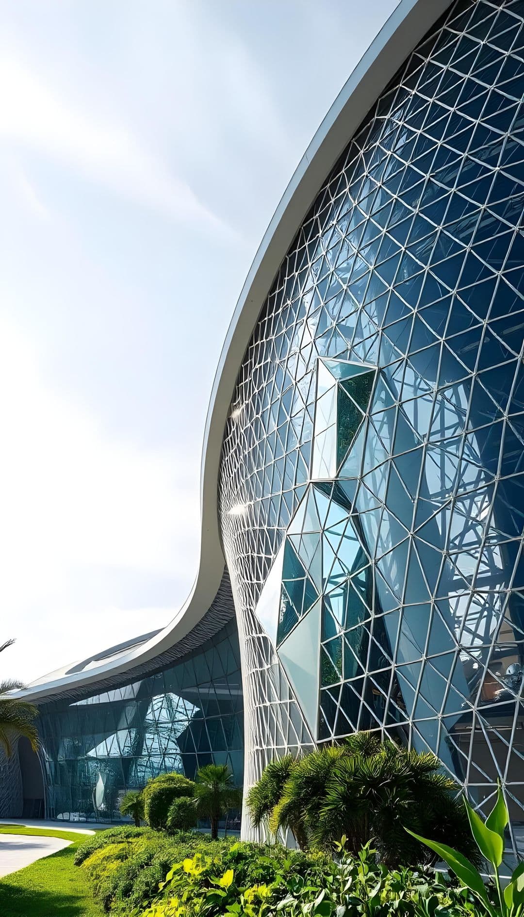 Modern building with curved glass and foliage