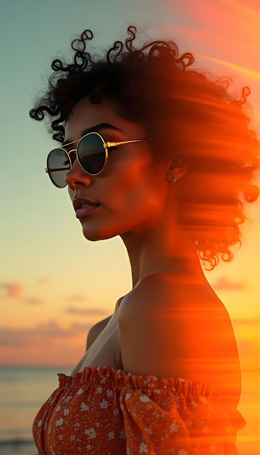 Woman with curly hair in sunglasses against sunset