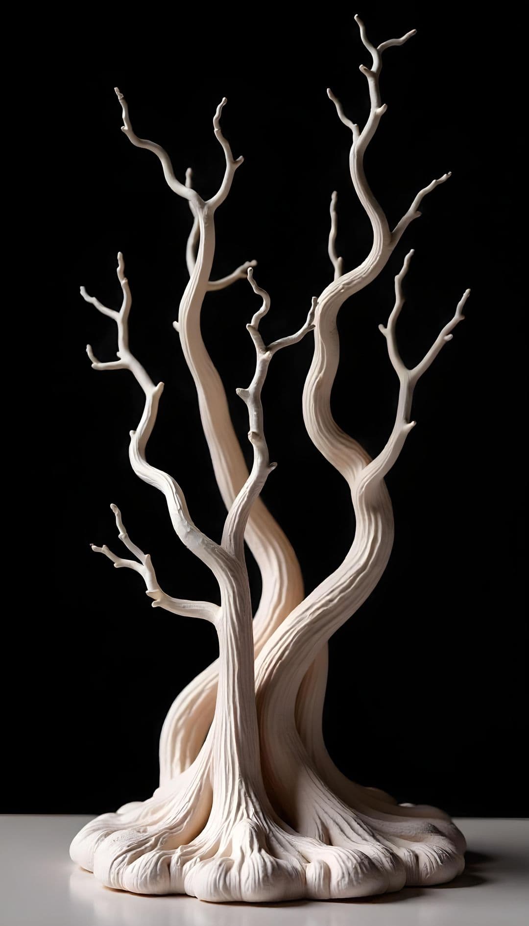 Minimalist beige sculpture of tree-like intertwining branches on a dark background