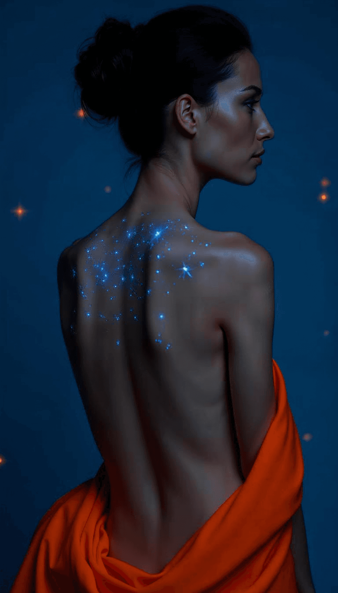 Profile of woman with blue stardust on back against a starry blue background.