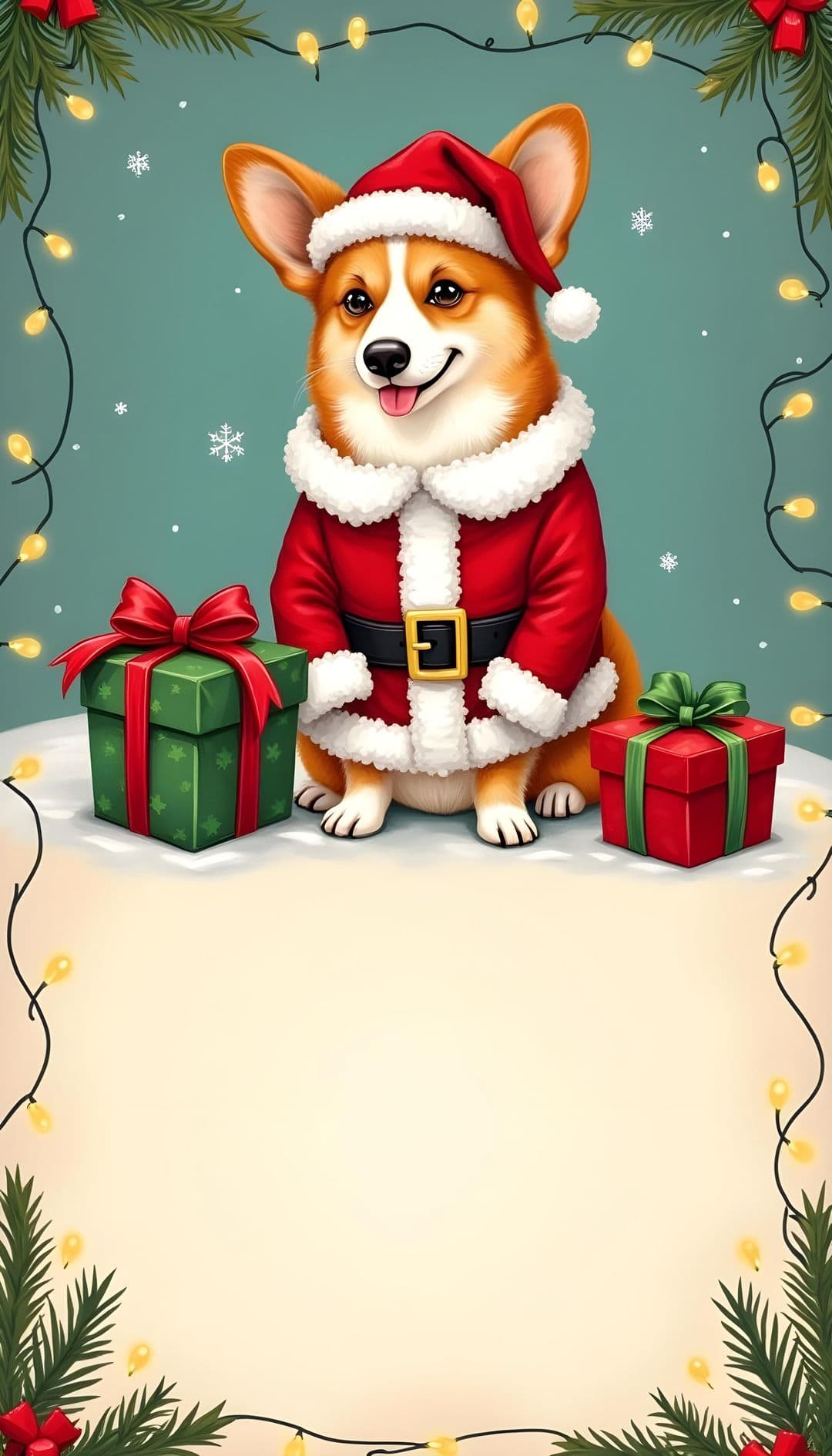 Corgi in a Santa outfit on snow with Christmas presents.