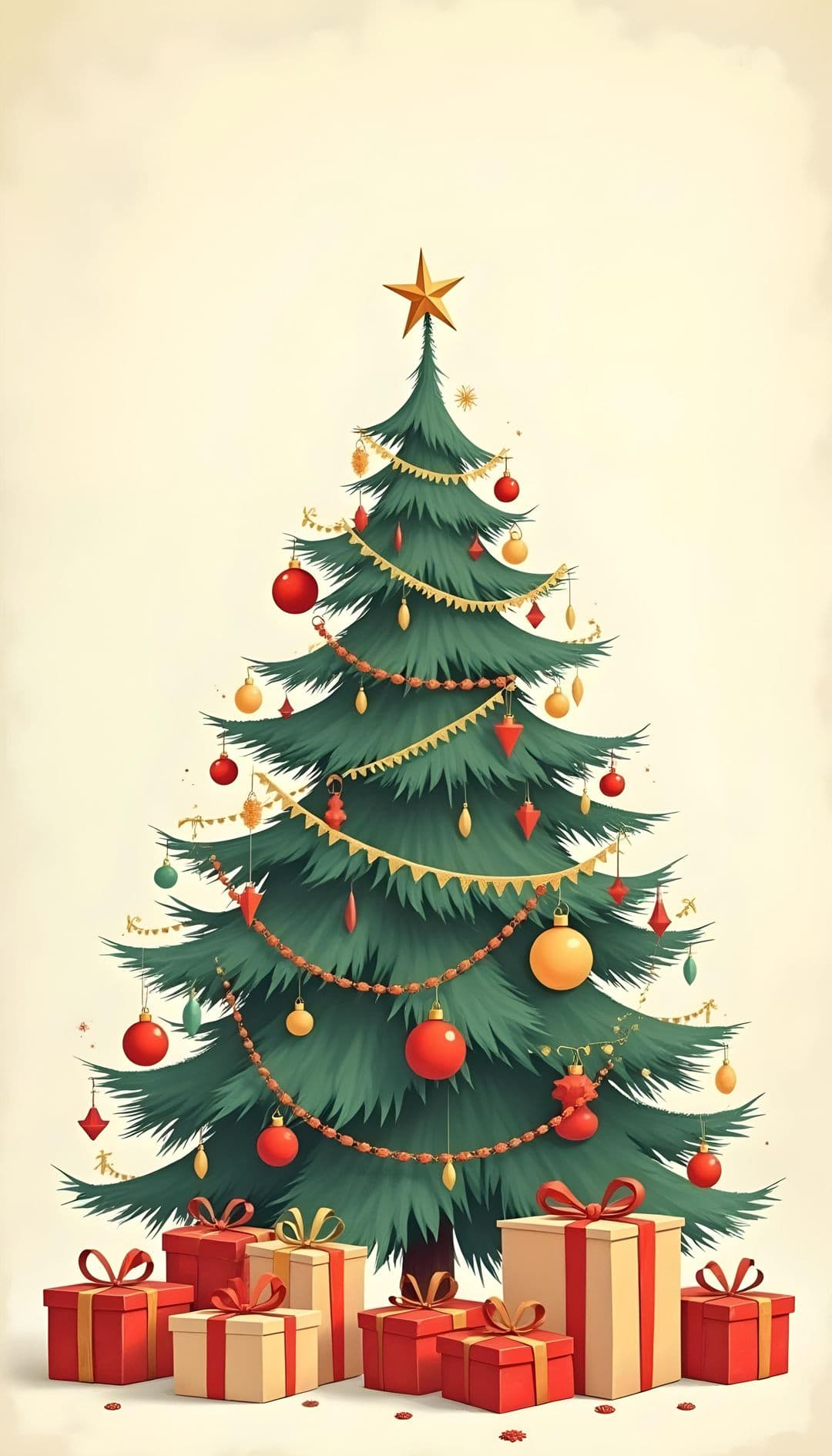 A Christmas tree with red and gold ornaments, garlands, and a gold star, surrounded by gifts.