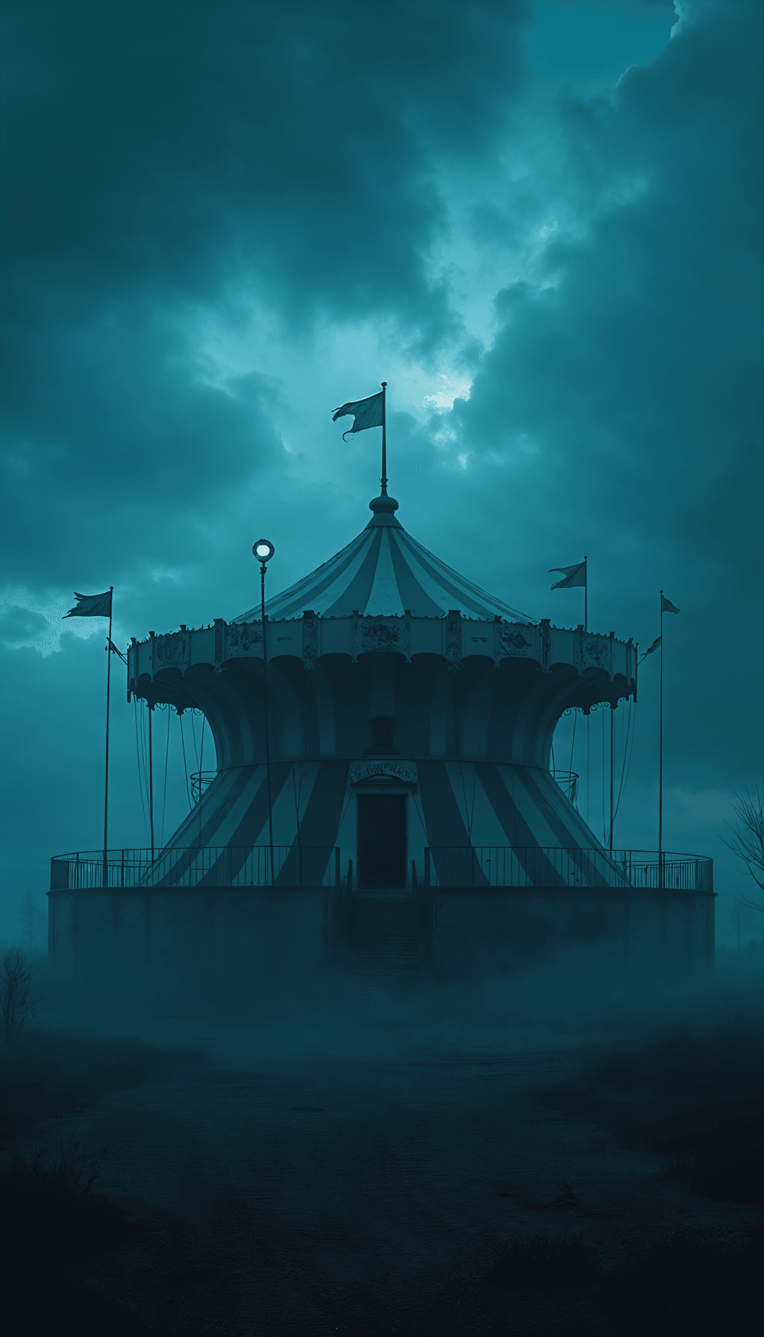 A lonely circus tent under a cloudy sky at dusk, with flags on top.