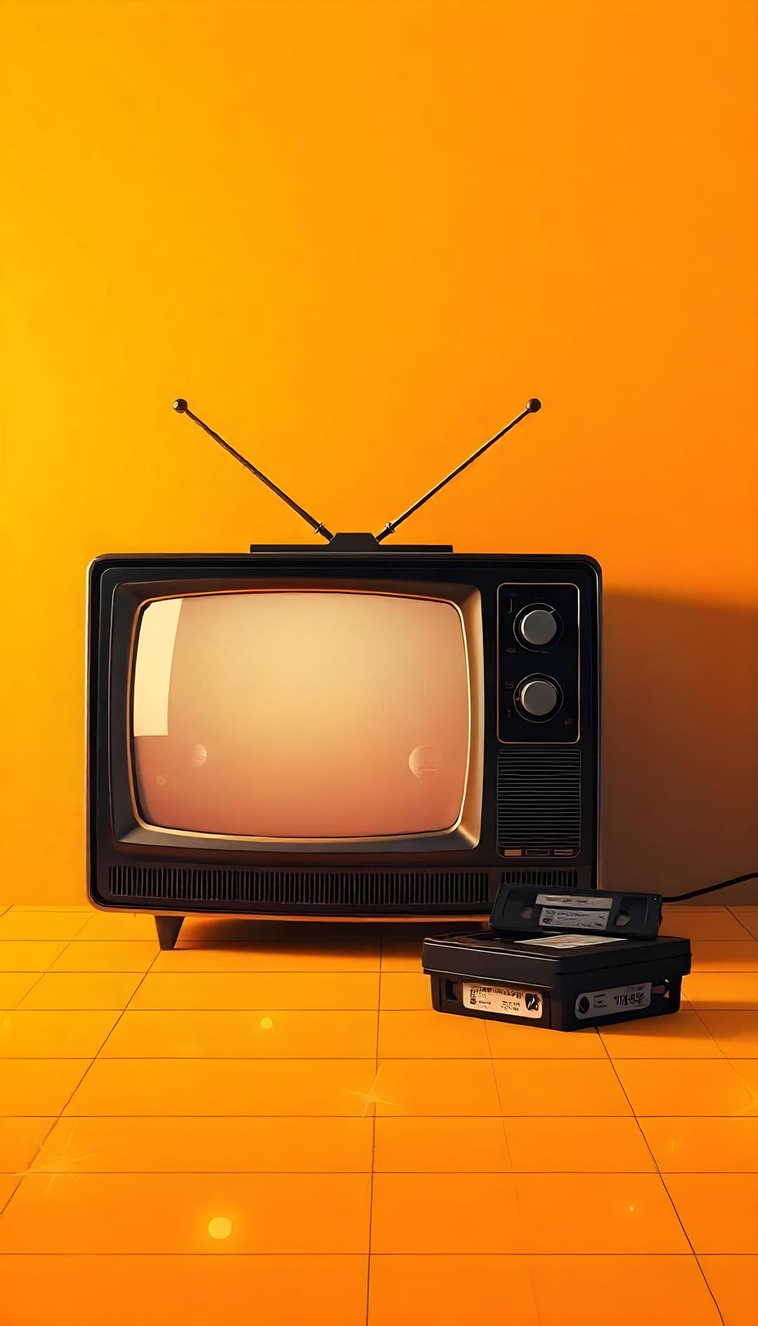 A vintage TV with antennas and VHS tapes on an orange floor.