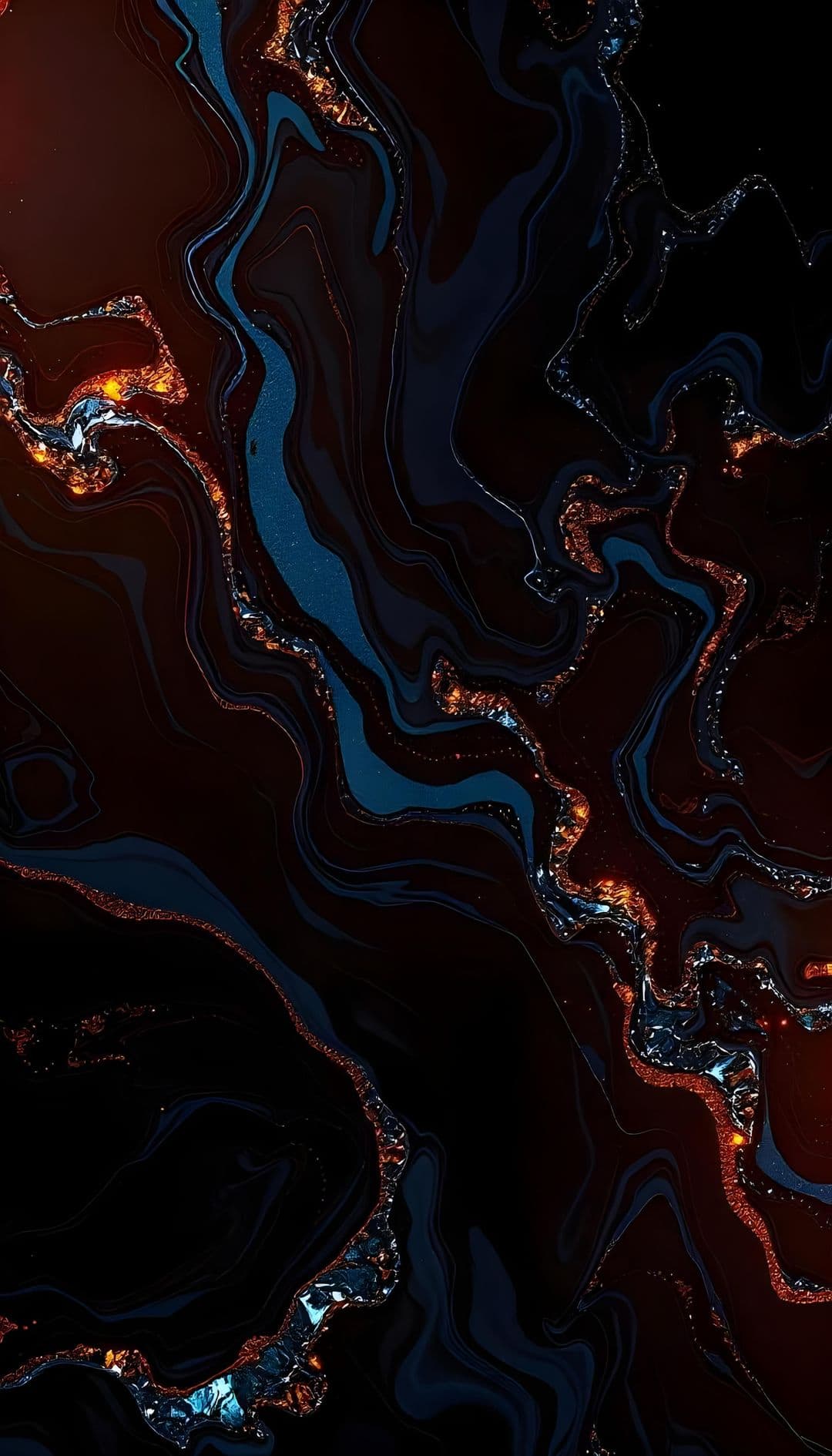 Flowing marbled pattern with blues and copper on a dark background