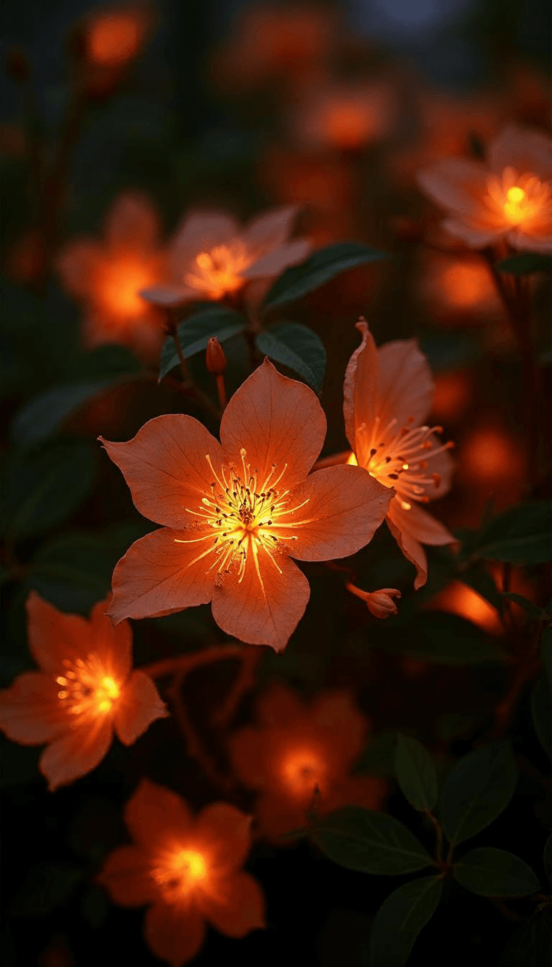 A close-up of vibrant orange flowers with dark green leaves in twilight.