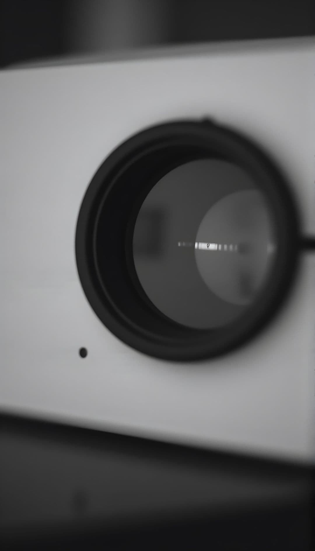 Close-up of a camera or projector lens, monochromatic black and grey scheme.