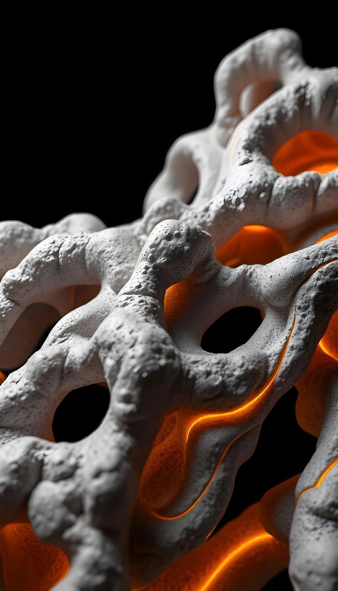 Close-up of a white organic structure with orange glowing light inside on a dark background.
