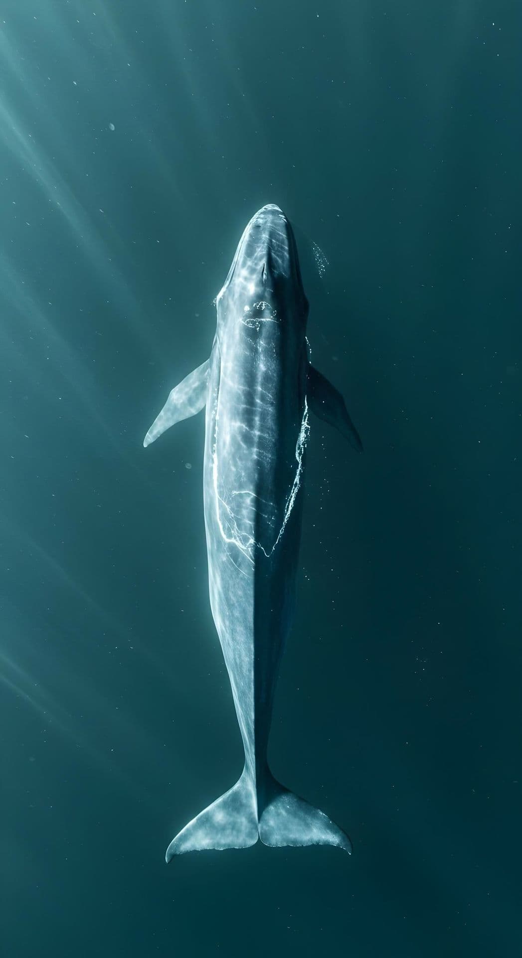 A whale gliding underwater, illuminated by sunlight against a blue ocean backdrop.