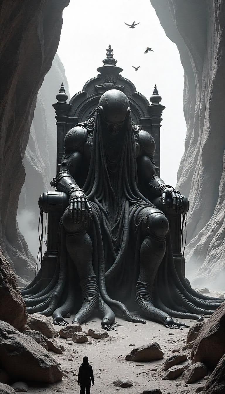 Colossal stone statue of a hooded figure on a throne in a shadowy canyon with birds above.