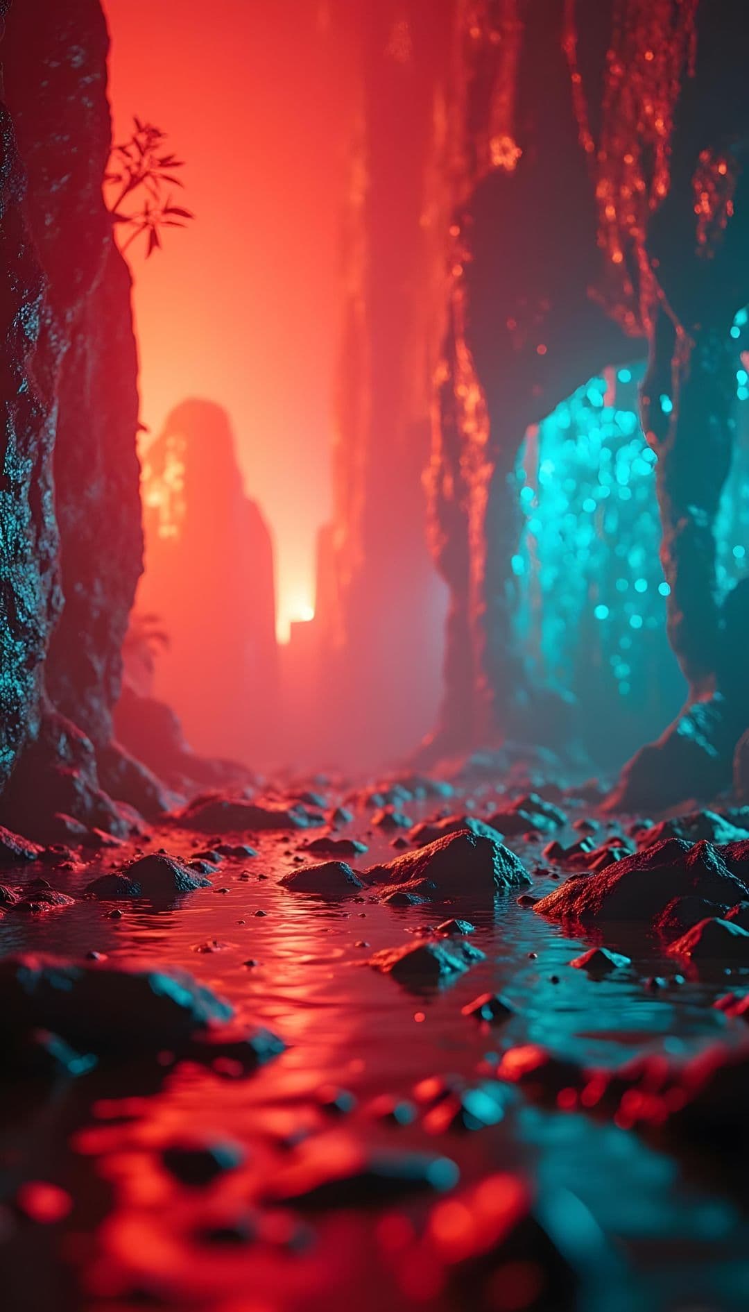A narrow cave with rocky walls, neon red and blue lights, and a reflective wet floor.