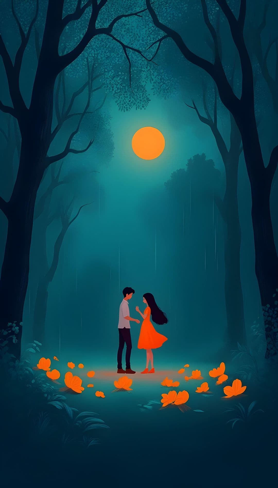 A couple stands in a mystical, moonlit forest under a full moon surrounded by orange flowers.