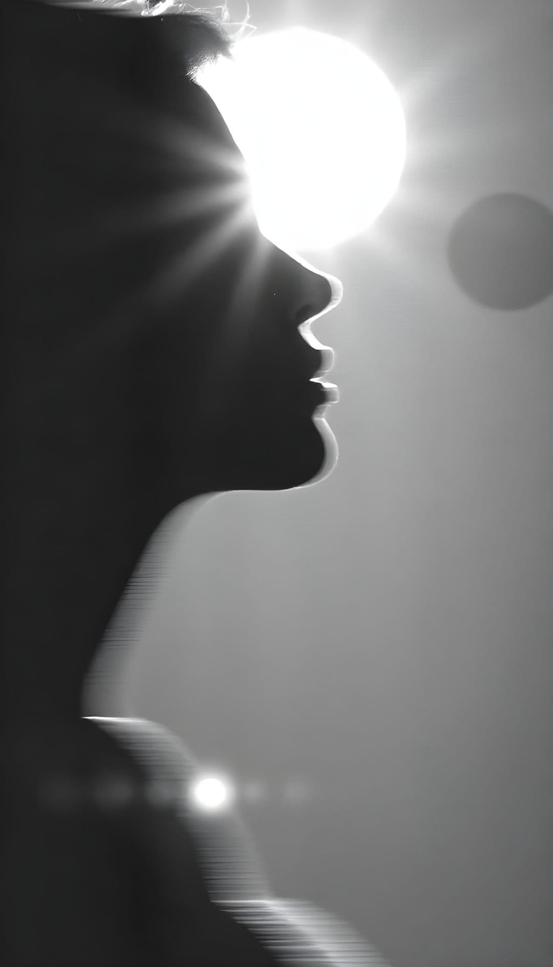 Silhouette of a person's profile against a bright light creating a halo effect.