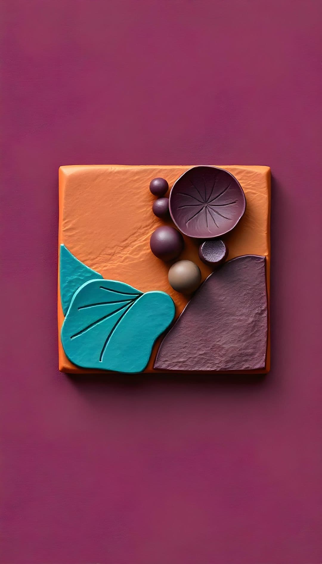 Square canvas with vibrant geometric shapes in earthy tones on a maroon backdrop.