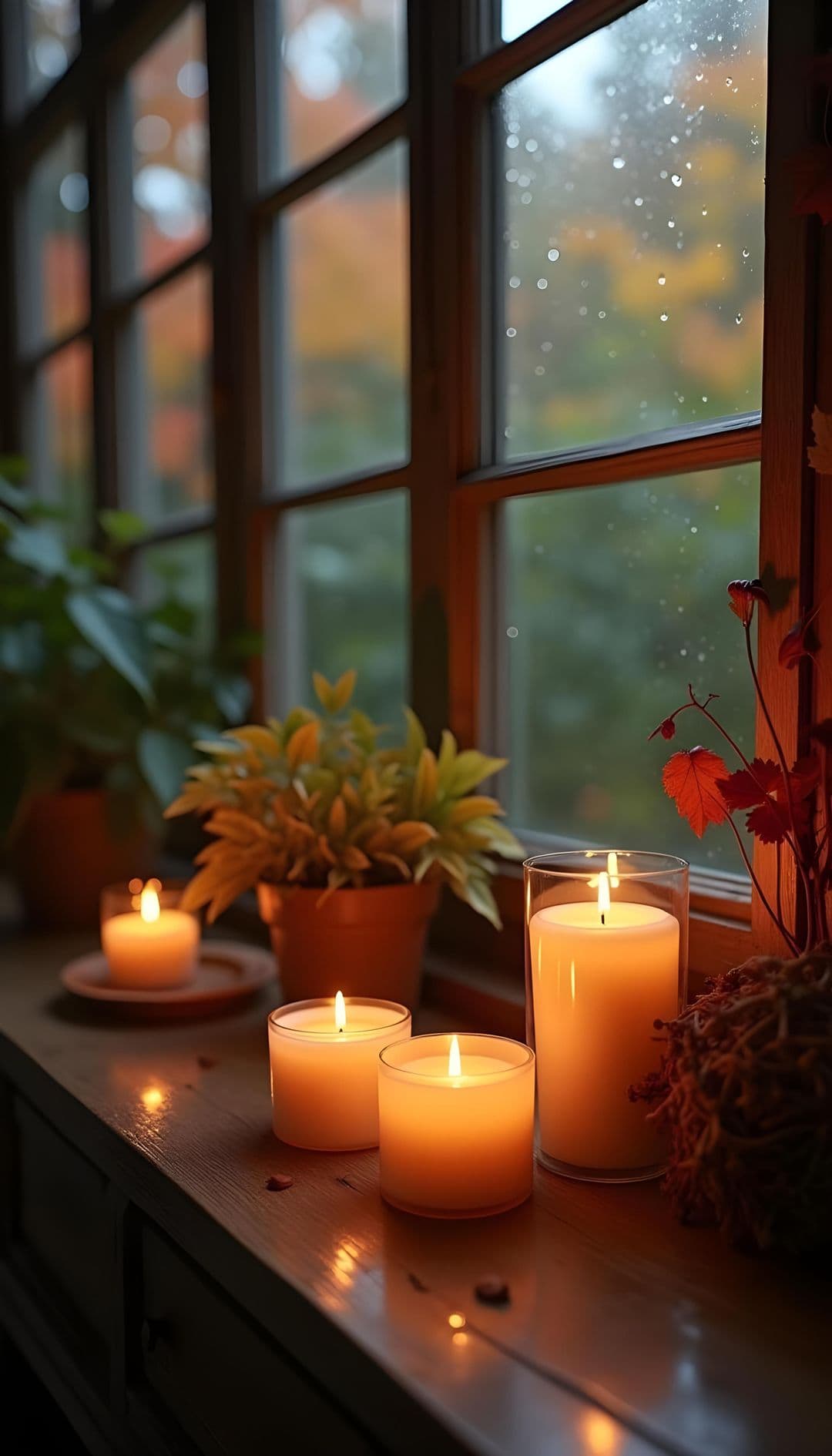 A cozy autumn scene by a window with candlelight, potted plants, and flowers. Outside is blurred fall foliage.