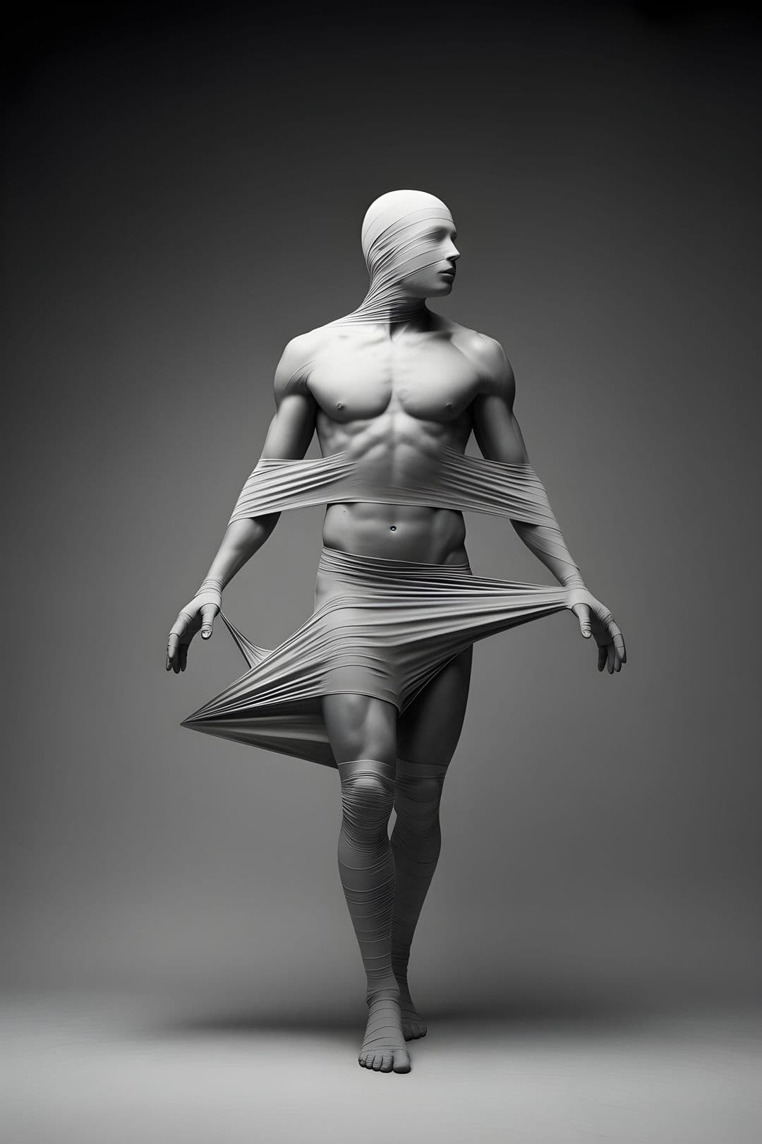 Grayscale image of a sculpted male with flowing fabric.