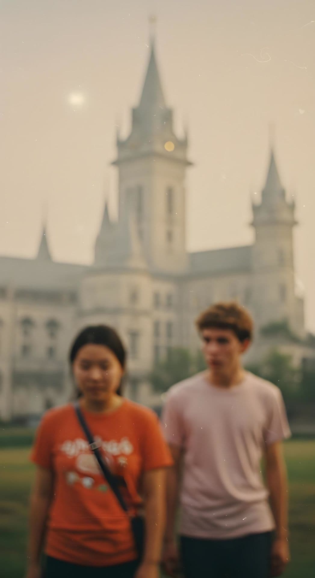 Young couple walking, gothic cathedral in background.