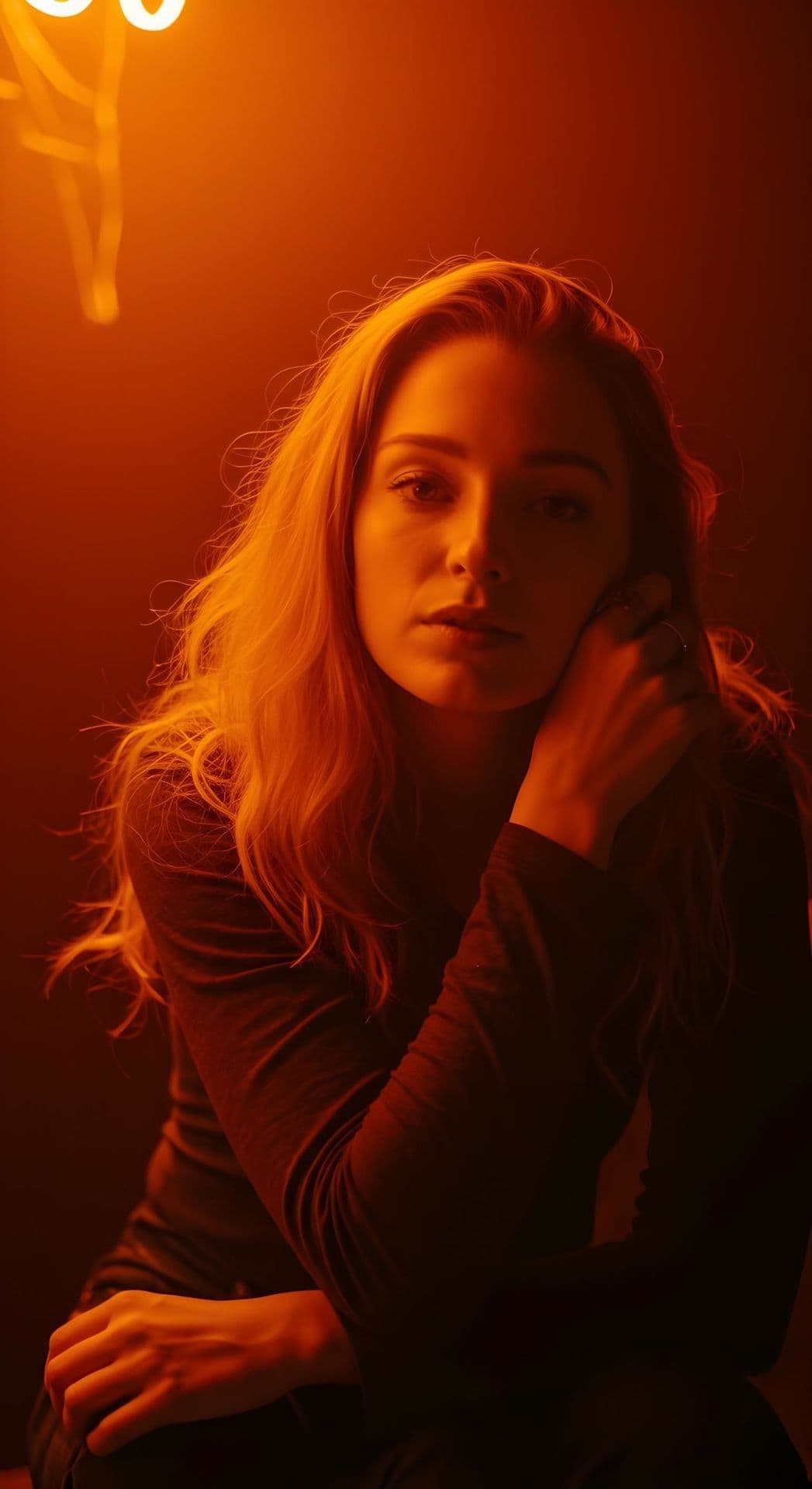 Portrait of a contemplative woman in warm lighting.