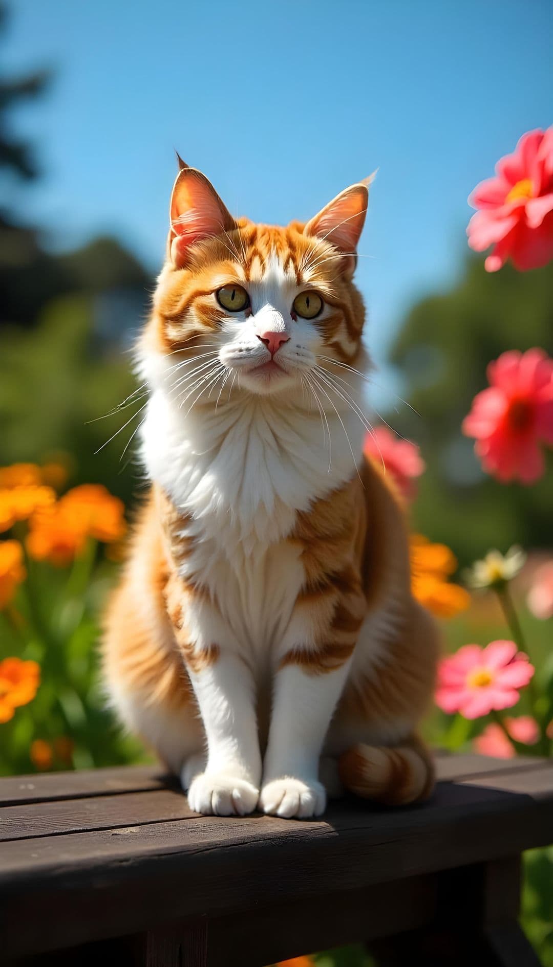 A fluffy orange and white cat on a bench in a flower-filled garden under a blue sky.