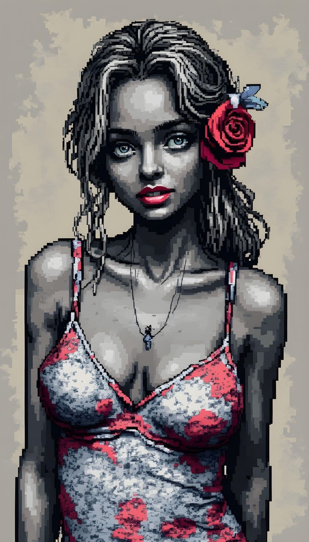 A digital art portrait of a woman in vintage comic style with bold outlines, wavy hair, red rose, deep blue eyes, and red lips.